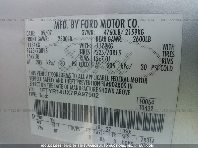 1FTYR14UX7PA97902 - 2007 FORD RANGER SUPER CAB SILVER photo 9