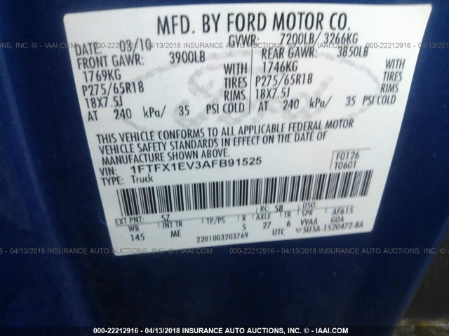 1FTFX1EV3AFB91525 - 2010 FORD F150 SUPER CAB BLUE photo 9