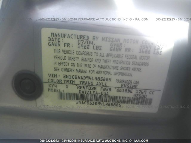 3N1CB51D94L485885 - 2004 NISSAN SENTRA 1.8/1.8S SILVER photo 9