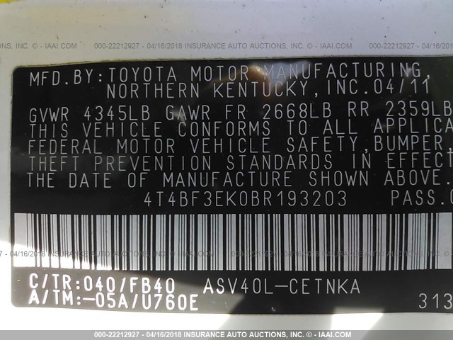 4T4BF3EK0BR193203 - 2011 TOYOTA CAMRY SE/LE/XLE 白色 照片 9