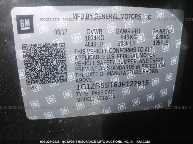 1G1ZB5ST6JF127915 - 2018 CHEVROLET MALIBU LS 灰色 照片 9