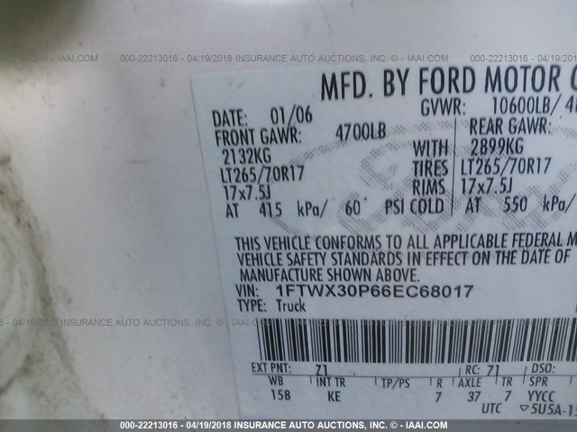 1FTWX30P66EC68017 - 2006 FORD F350 SRW SUPER DUTY WHITE photo 10