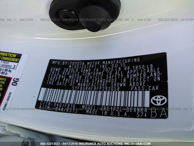 5YFBURHE8FP292058 - 2015 TOYOTA COROLLA L/LE/LE PLS/PRM/S/S PLS WHITE photo 9