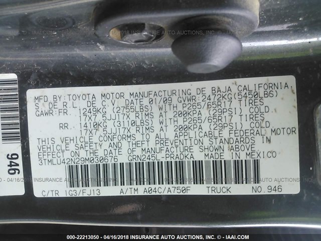 3TMLU42N29M030676 - 2009 TOYOTA TACOMA DOUBLE CAB ნაცრისფერი ფოტო 9