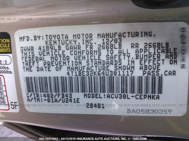 4T1BE32K64U301117 - 2004 TOYOTA CAMRY LE/XLE/SE ოქროსფერი ფოტო 9