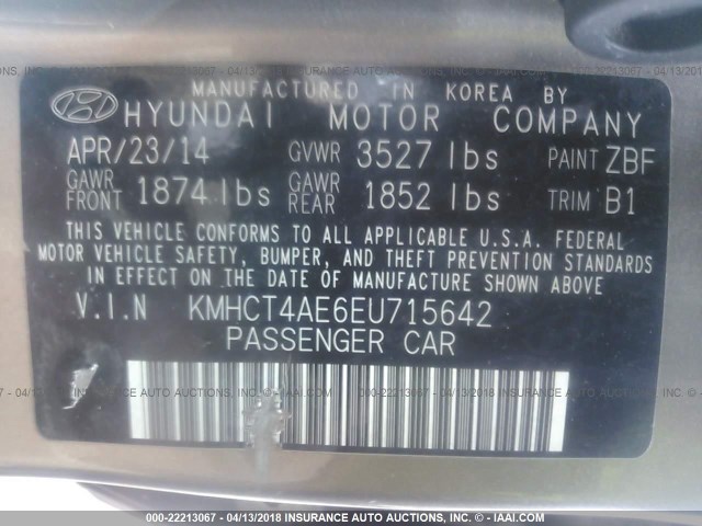 KMHCT4AE6EU715642 - 2014 HYUNDAI ACCENT GLS/GS TAN photo 9