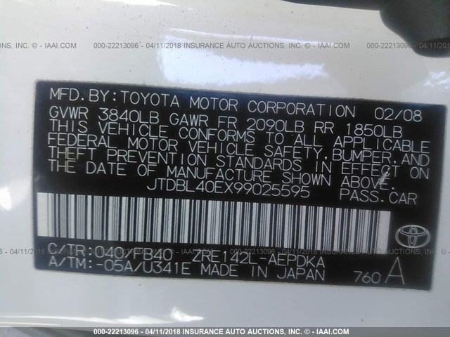 JTDBL40EX99025595 - 2009 TOYOTA COROLLA LE/XLE WHITE photo 9