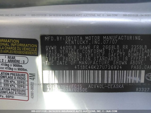 4T1BE46K27U726824 - 2007 TOYOTA CAMRY NEW GENERAT CE/LE/XLE/SE SILVER photo 9
