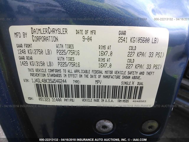 1J4GL48K35W546244 - 2005 JEEP LIBERTY SPORT 蓝色 照片 9