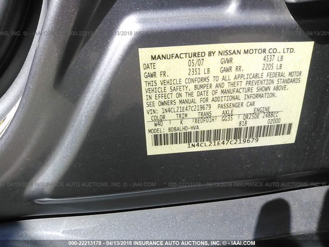 1N4CL21E47C219679 - 2007 NISSAN ALTIMA HYBRID SILVER photo 9