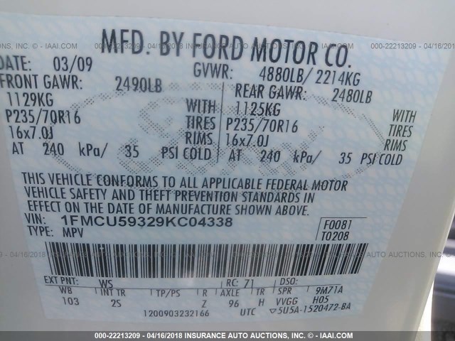 1FMCU59329KC04338 - 2009 FORD ESCAPE HYBRID WHITE photo 9