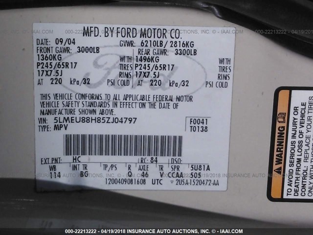 5LMEU88H85ZJ04797 - 2005 LINCOLN AVIATOR 奶油色 照片 9