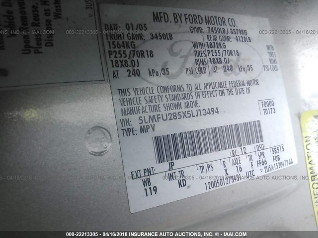 5LMFU285X5LJ13494 - 2005 LINCOLN NAVIGATOR ვერცხლისფერი ფოტო 9