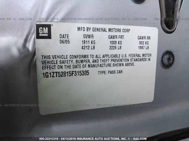 1G1ZT52815F315305 - 2005 CHEVROLET MALIBU LS 灰色 照片 9