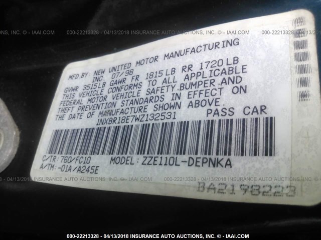 1NXBR18E7WZ132531 - 1998 TOYOTA COROLLA VE/CE/LE 青色 照片 9