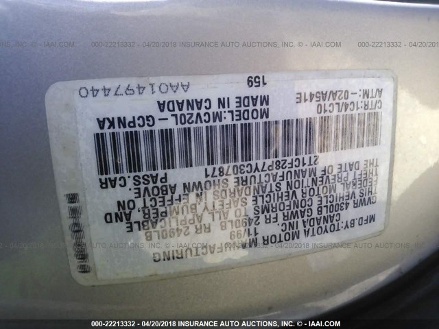 2T1CF28P7YC307871 - 2000 TOYOTA CAMRY SOLARA SE/SLE SILVER photo 9