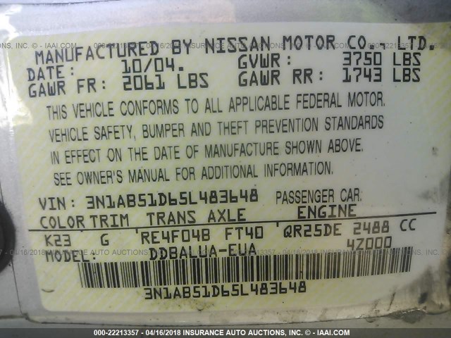 3N1AB51D65L483648 - 2005 NISSAN SENTRA SE-R SPEC V SILVER photo 9