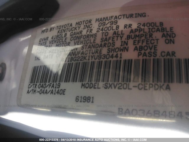 4T1BG22K1YU930441 - 2000 TOYOTA CAMRY CE/LE/XLE 白色 照片 9