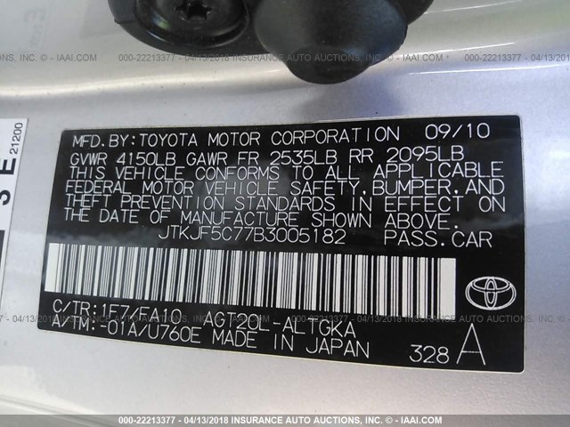 JTKJF5C77B3005182 - 2011 TOYOTA SCION TC 银色 照片 9