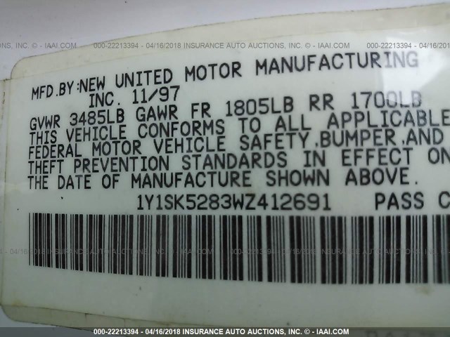 1Y1SK5283WZ412691 - 1998 CHEVROLET GEO PRIZM LSI 白色 照片 9