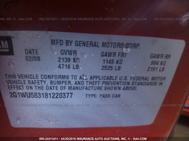 2G1WU583181220377 - 2008 CHEVROLET IMPALA LTZ RED photo 9