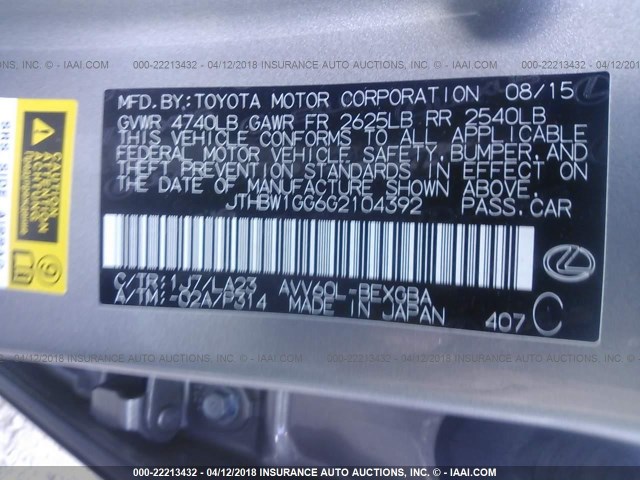 JTHBW1GG6G2104392 - 2016 LEXUS ES 300H GRAY photo 9