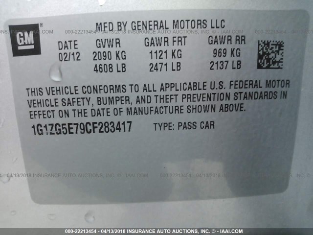 1G1ZG5E79CF283417 - 2012 CHEVROLET MALIBU LTZ 银色 照片 9