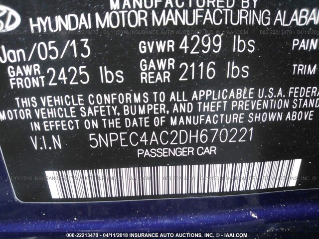 5NPEC4AC2DH670221 - 2013 HYUNDAI SONATA SE/LIMITED BLUE photo 9