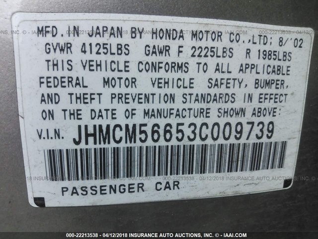 JHMCM56653C009739 - 2003 HONDA ACCORD EX GOLD photo 9