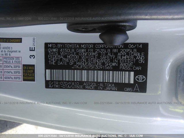 JTKJF5C75F3091565 - 2015 TOYOTA SCION TC 白色 照片 9