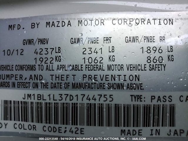 JM1BL1L37D1744755 - 2013 MAZDA SPEED 3 WHITE photo 9