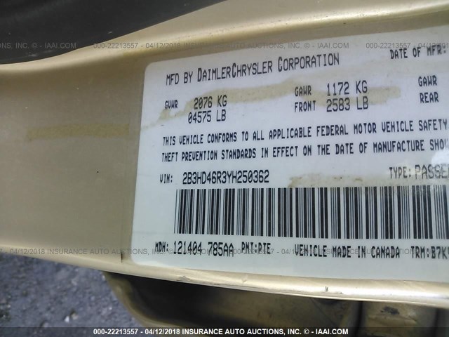 2B3HD46R3YH250362 - 2000 DODGE INTREPID GOLD photo 9