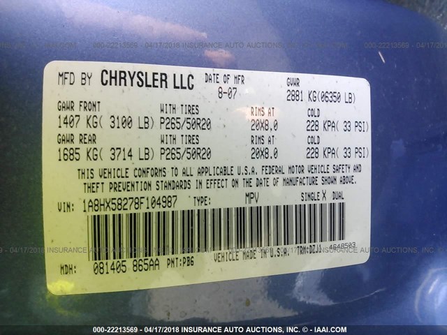 1A8HX58278F104987 - 2008 CHRYSLER ASPEN LIMITED Light Blue photo 9