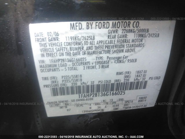 1FAHP28136G166025 - 2006 FORD FIVE HUNDRED LIMITED BLACK photo 9