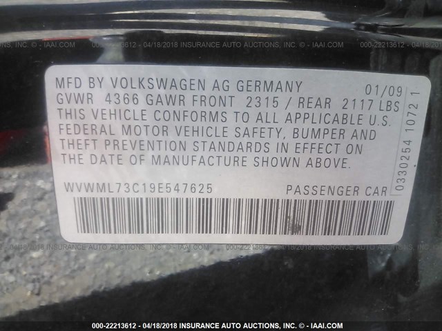 WVWML73C19E547625 - 2009 VOLKSWAGEN CC SPORT BLACK photo 9