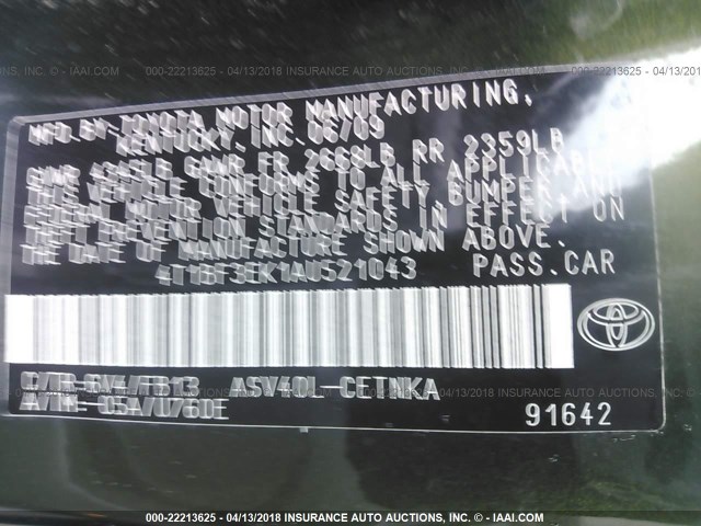 4T1BF3EK1AU521043 - 2010 TOYOTA CAMRY SE/LE/XLE 绿色 照片 9