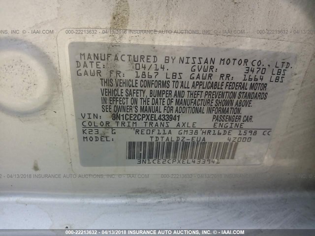 3N1CE2CPXEL433941 - 2014 NISSAN VERSA NOTE S/S PLUS/SV/SL SILVER photo 9