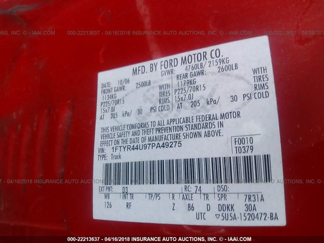 1FTYR44U97PA49275 - 2007 FORD RANGER SUPER CAB RED photo 9