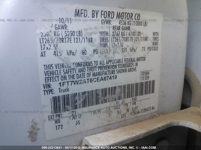 1FT7W2AT6CEA67419 - 2012 FORD F250 SUPER DUTY WHITE photo 9