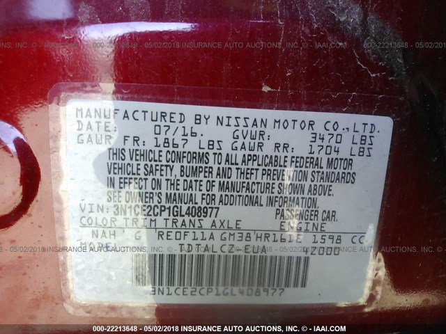 3N1CE2CP1GL408977 - 2016 NISSAN VERSA NOTE S/S PLUS/SV/SL/SR RED photo 9