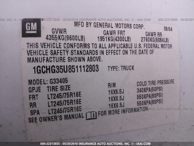 1GCHG35U851112803 - 2005 CHEVROLET EXPRESS G3500  WHITE photo 9