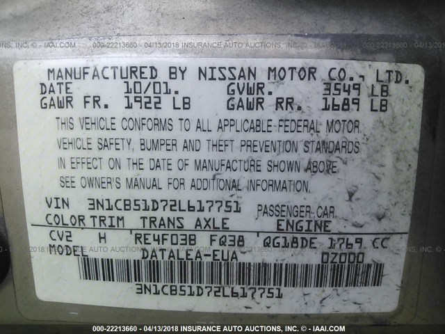 3N1CB51D72L617751 - 2002 NISSAN SENTRA XE/GXE GOLD photo 9