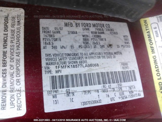 1FMFK18577LA98068 - 2007 FORD EXPEDITION EL EDDIE BAUER RED photo 9