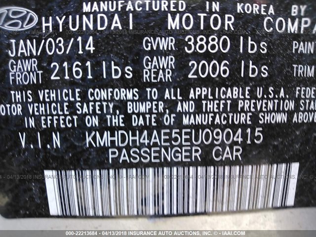 KMHDH4AE5EU090415 - 2014 HYUNDAI ELANTRA SE/SPORT/LIMITED SILVER photo 9