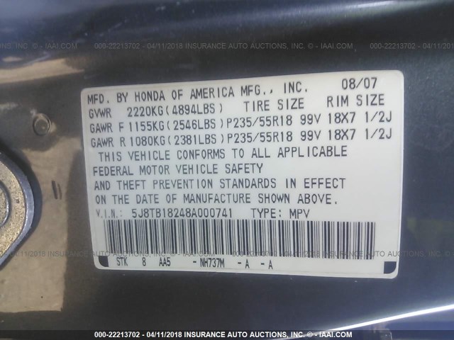 5J8TB18248A000741 - 2008 ACURA RDX GRAY photo 9