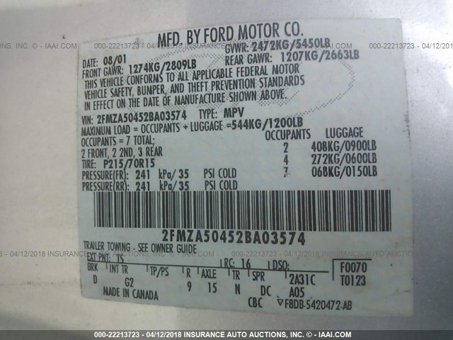 2FMZA50452BA03574 - 2002 FORD WINDSTAR LX GRAY photo 9