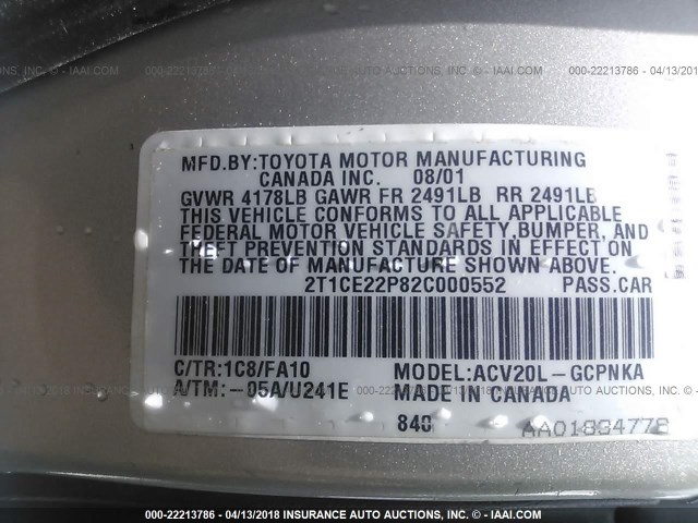 2T1CE22P82C000552 - 2002 TOYOTA CAMRY SOLARA SE SILVER photo 9