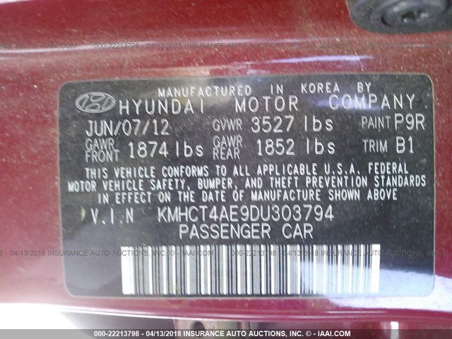 KMHCT4AE9DU303794 - 2013 HYUNDAI ACCENT GLS/GS RED photo 9