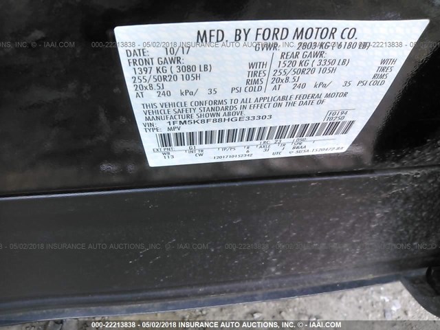 1FM5K8F88HGE33303 - 2017 FORD EXPLORER LIMITED BLACK photo 9