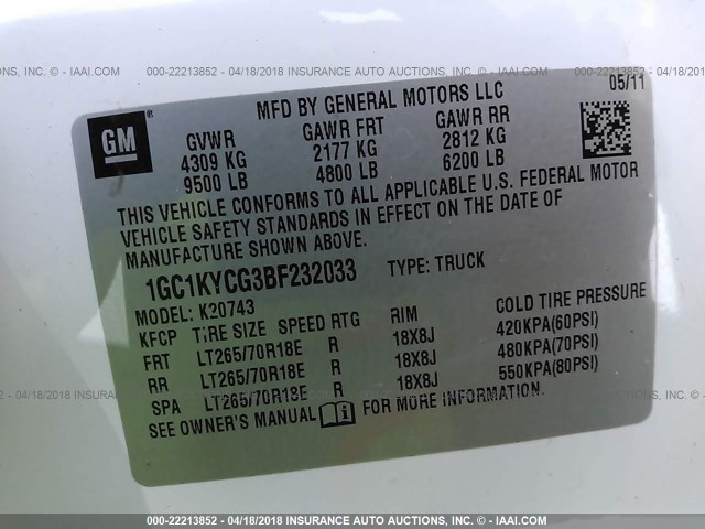 1GC1KYCG3BF232033 - 2011 CHEVROLET SILVERADO K2500 HEAVY DUTY LTZ WHITE photo 9